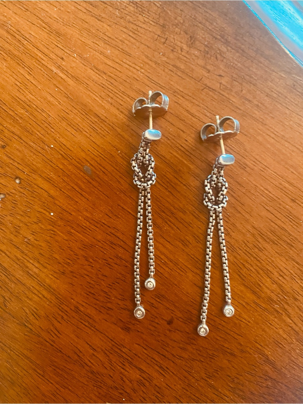 David Yurman. Delicate Silver Knot Drop Earrings with Diamonds